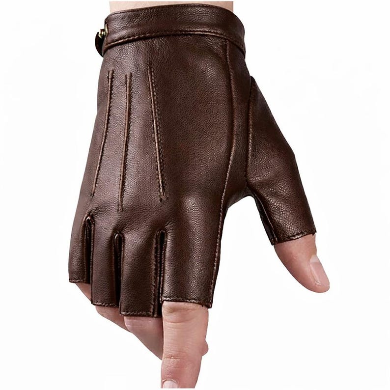 Black Fingerless Sheepskin Leather Gloves, Vintage Biker Driving Gloves Brown