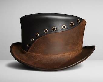 Handmade Steampunk Leather Top Hat: Brown & Black Brass Eyelet Design