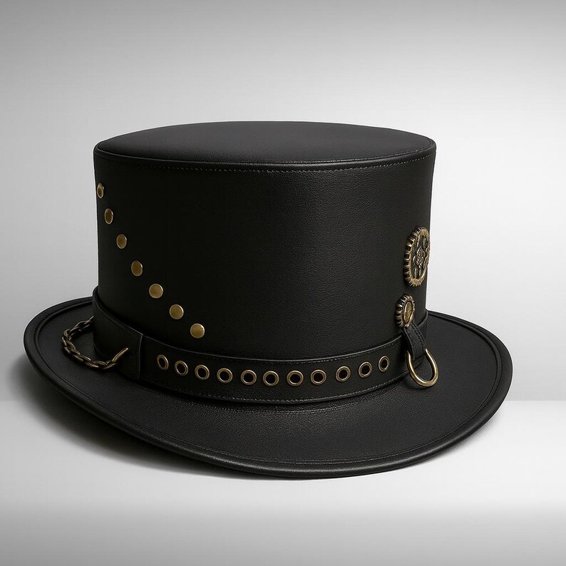 May include: A black top hat with a wide brim. The hat features brass-colored rivets, a decorative chain, and gear-shaped embellishments. The hat has a steampunk aesthetic.