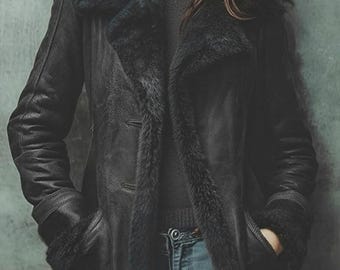 Women’s Shearling Black Leather Coat | Handmade Black Winter Real Jacket | Warm Vintage Style Outerwear