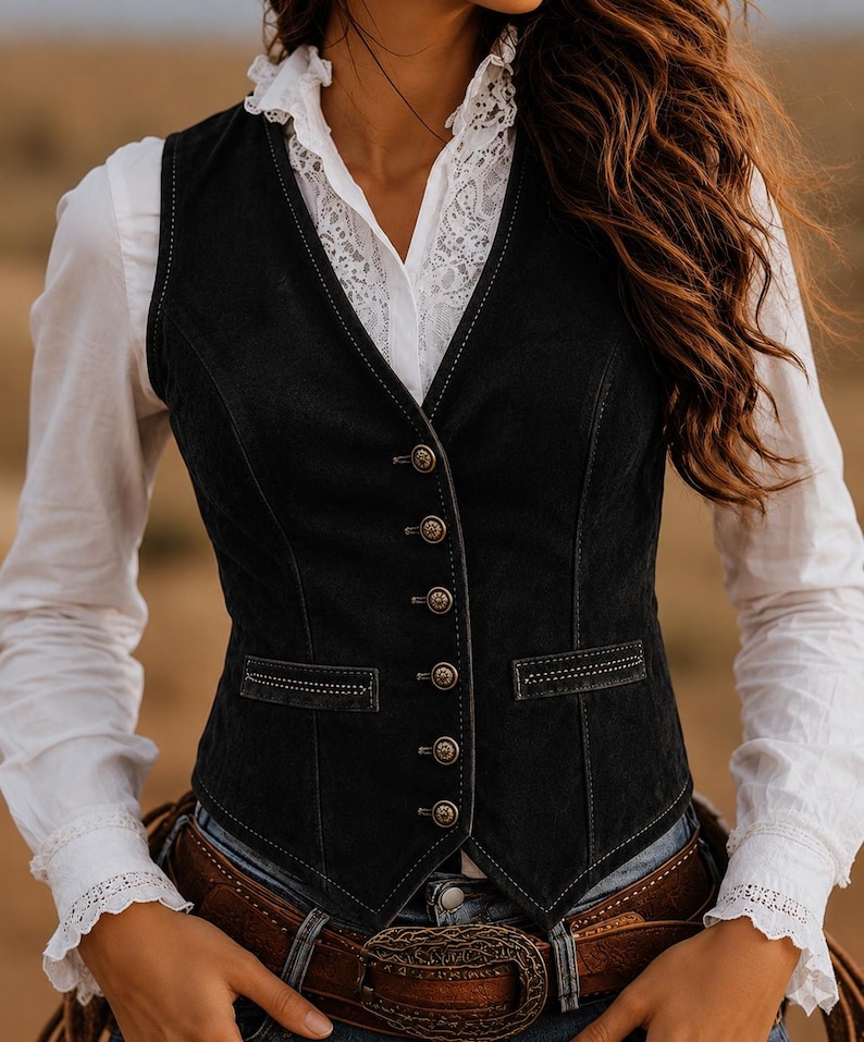 May include: A black suede waistcoat with decorative stitching and brass buttons. The waistcoat is worn over a white lace-trimmed blouse and blue jeans. A brown leather belt with a large buckle completes the western look.
