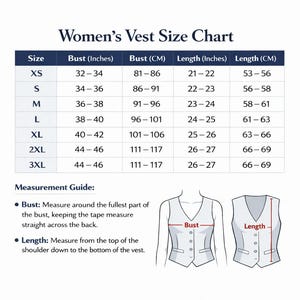 May include: A Women's Vest Size Chart with measurements in inches and centimetres. Sizes range from XS to 3XL, with bust measurements from 32-46 inches (81-117 cm) and lengths from 21-27 inches (53-69 cm).
