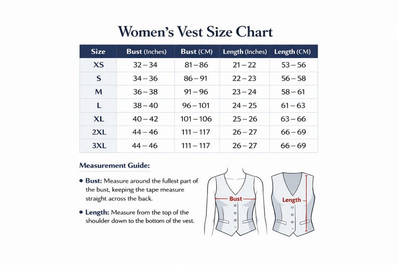 May include: A Women's Vest Size Chart with measurements in inches and centimetres. Sizes range from XS to 3XL, with bust measurements from 32-46 inches (81-117 cm) and lengths from 21-27 inches (53-69 cm).