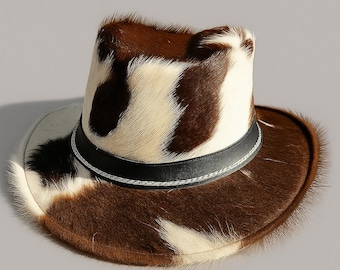 Chapeau western en cuir de vachette | Chapeau de cowboy à cheveux brun et blanc