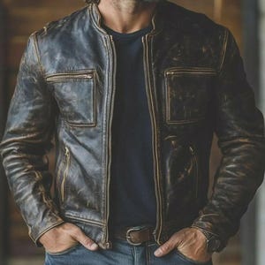 May include: A distressed brown leather jacket with a zip-up front, two chest pockets, and a stand-up collar. The jacket has a worn, vintage look with visible texture and a dark blue lining. The jacket is worn with a dark blue shirt and blue jeans.