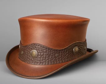 Handmade Brown Leather Steampunk Top Hat Antique Coin Band