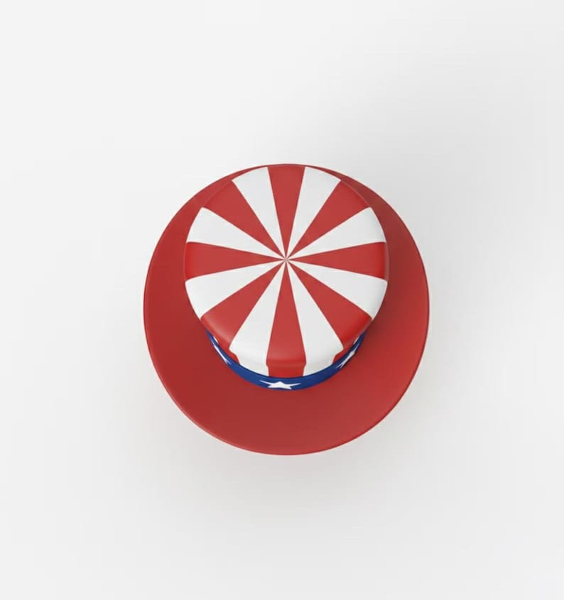 May include: A red, white, and blue top hat with a circular brim. The top of the hat features red and white stripes radiating from the center. A blue band with white stars encircles the base of the hat.