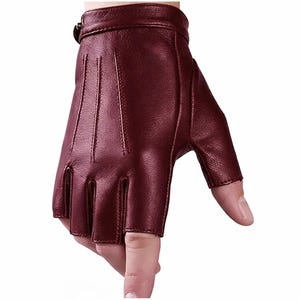 Black Fingerless Sheepskin Leather Gloves, Vintage Biker Driving Gloves Burgundy