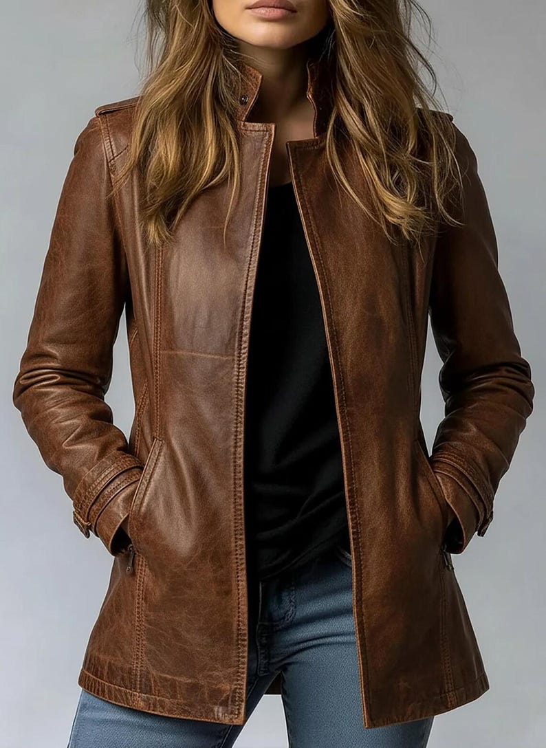 May include: A brown leather jacket with a stand-up collar and long sleeves. The jacket has two front pockets and a tailored fit. The model is wearing a black shirt and blue jeans.