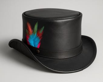 Handmade Leather Steampunk Top Hat Gothic Feather Accent