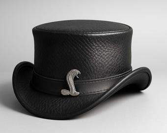 Handmade Gothic & Steampunk Black Leather Top Hat | Cobra Emblem Accent Festival Cosplay Hat