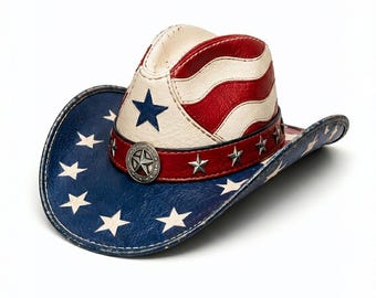 American Flag Leather Cowboy Hat, USA Patriotic Western Hat, Uncle Sam Style Hat, 4th of July Hat, Independence Day Costume Hat