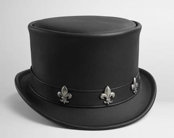 Handmade Black Leather Top Hat Gothic Steampunk Fleur-de-Lis Band