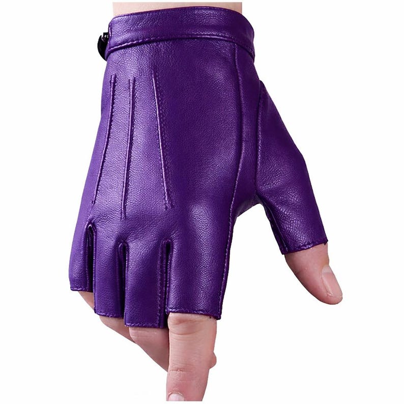 Black Fingerless Sheepskin Leather Gloves, Vintage Biker Driving Gloves Purple