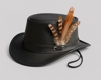 Handmade Black Leather Steampunk Top Hat Rustic Feather Accent