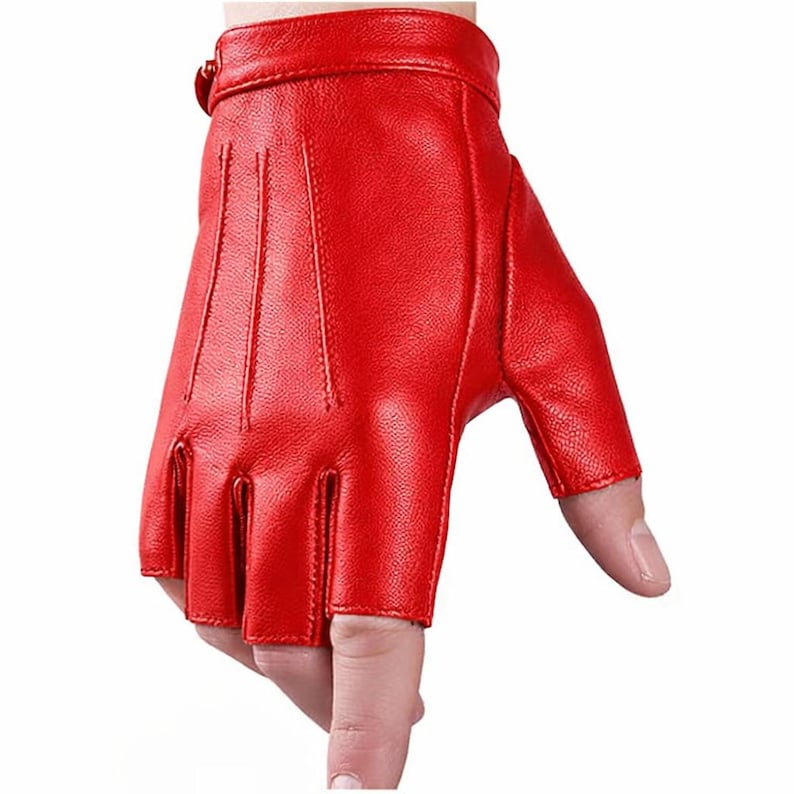 Black Fingerless Sheepskin Leather Gloves, Vintage Biker Driving Gloves Red