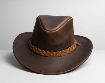 Handmade Western Cowboy Leather Hat Rugged Distressed Brown with Braided Band