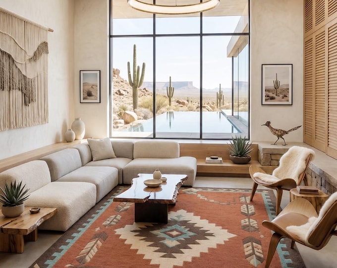 Featured listing image: Southwestern Rustic Area Rug, Western Navajo Style Hand Tufted Wool Rug, Cabin Lodge Decor Carpet, Boho Tribal Floor Rug