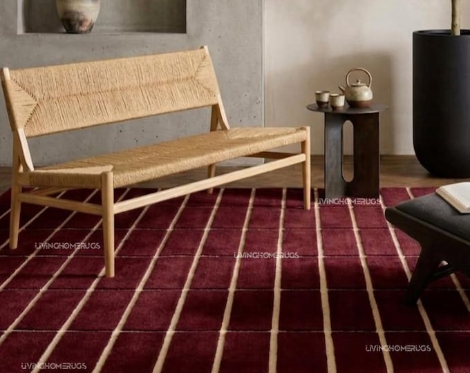 Featured listing image: Hand Tufted Wool Rug, Modern Burgundy Red Area Rug with Striped Texture, Luxury Soft Living Room Carpet, Premium Custom Size Wool Floor Mat