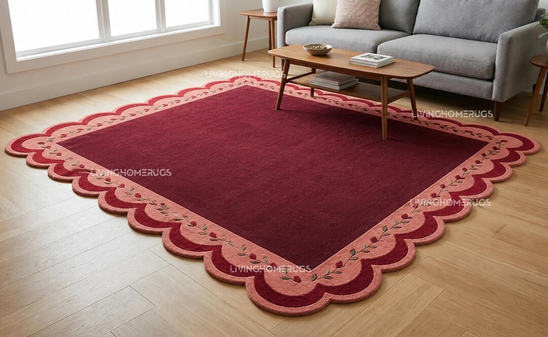 Wool Rug Bordered Design Hand Tufted Wool Rug, Scalloped Border Area Rug, Burgundy Pink Floral ...