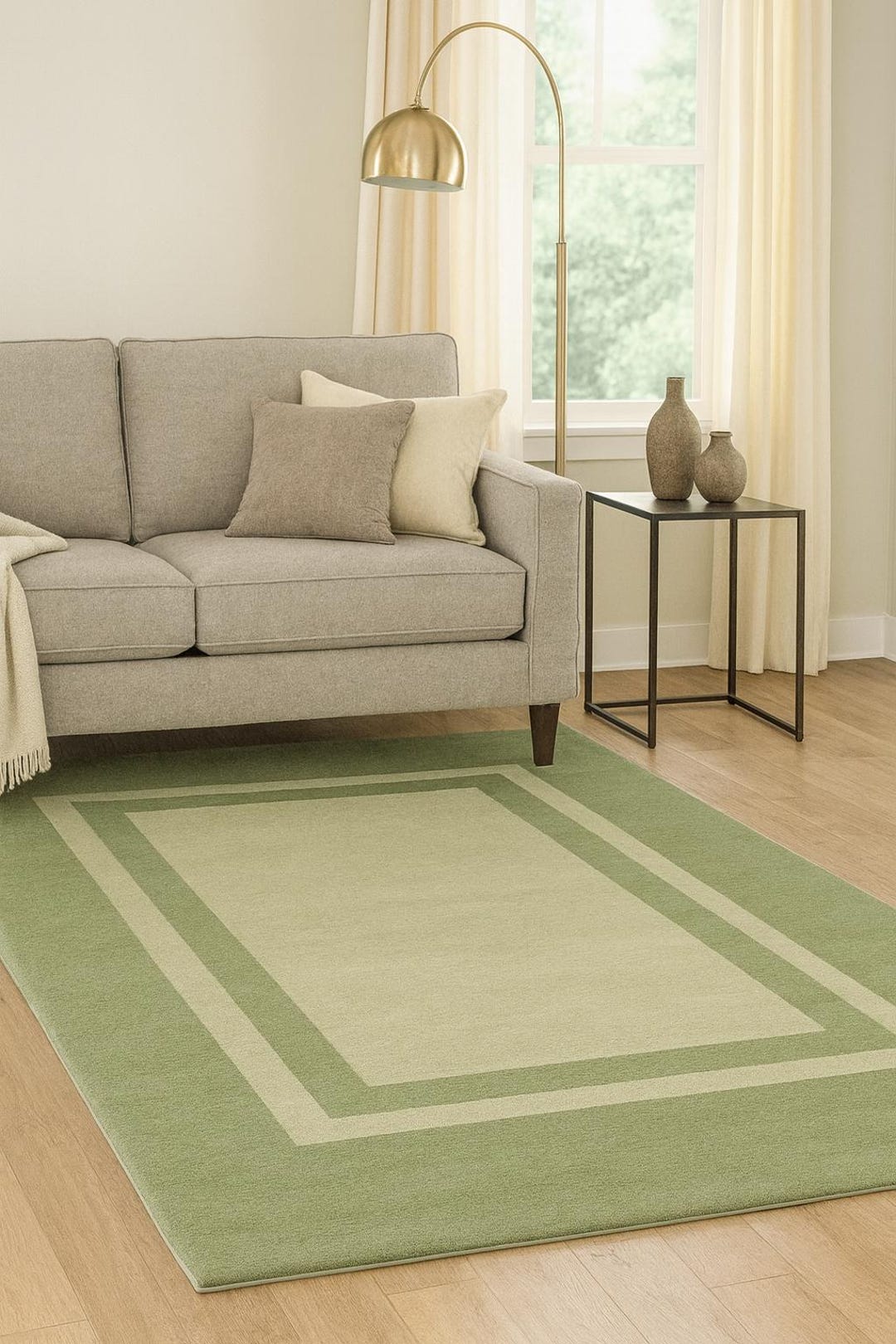 Hand Tufted Green Area Rug, Modern Minimalist Border, Scandinavian Home ...