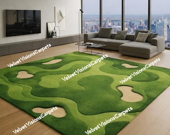 Zielony dywan wełniany w kształcie pola golfowego: nowoczesny, ręcznie tkany dywan o organicznym wzorze.