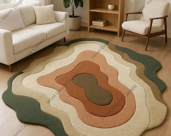 Hand Tufted Wool Rug | Earth Tone Wavy Design, Living Room, Bedroom Decor, Irregular rug, Rug for living room