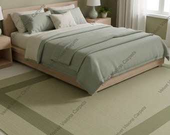Puede incluir: Una habitación con una cama con ropa de cama y almohadas verde salvia. Una alfombra a juego con un borde verde más oscuro está en el suelo. La habitación tiene una paleta de colores neutros con una estructura de cama y mesitas de noche de madera.