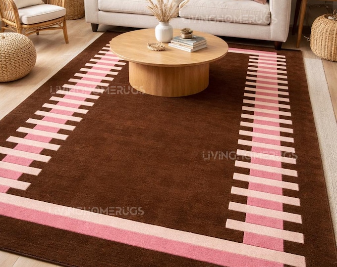 Featured listing image: Hand Tufted Modern Area Rug | Brown Wool Carpet with Pink Geometric Border | Luxury Handmade Living Room Bedroom Floor Decor