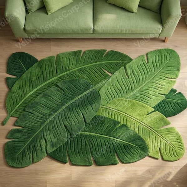 Large Banana Leaf Rug | Tropical Green Leaf Carpet | Botanical Floor Mat | Jungle Decor Area Rug for Living Room Bedroom