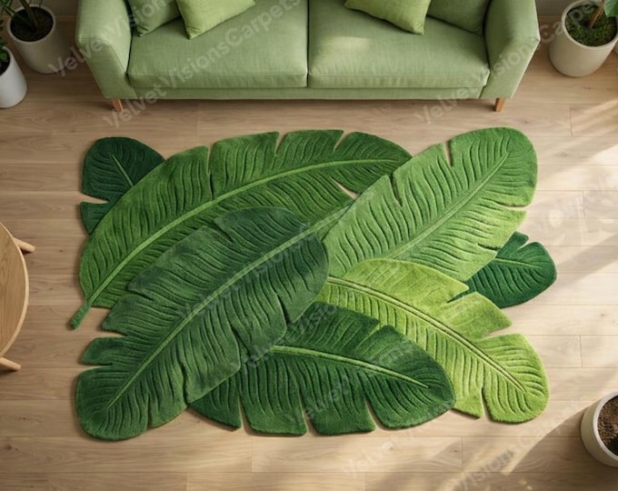 Featured listing image: Large Banana Leaf Rug | Tropical Green Leaf Carpet | Botanical Floor Mat | Jungle Decor Area Rug for Living Room Bedroom