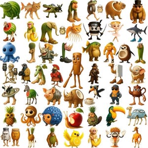 May include: A collection of whimsical cartoon characters, each designed with unique features and vibrant colors. The characters include animals, food items, and other objects, all anthropomorphized with expressive faces and distinct outfits. The overall theme is playful and imaginative.