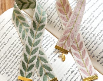 Personalized Leaf-Pattern Ribbon Bookmark with Initial and Pearl Charm: Pastel Pink or Sage Green