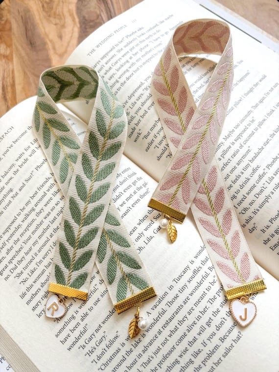 Personalized Leaf-Pattern Ribbon Bookmark with Initial and Pearl Charm: Pastel Pink or Sage Green