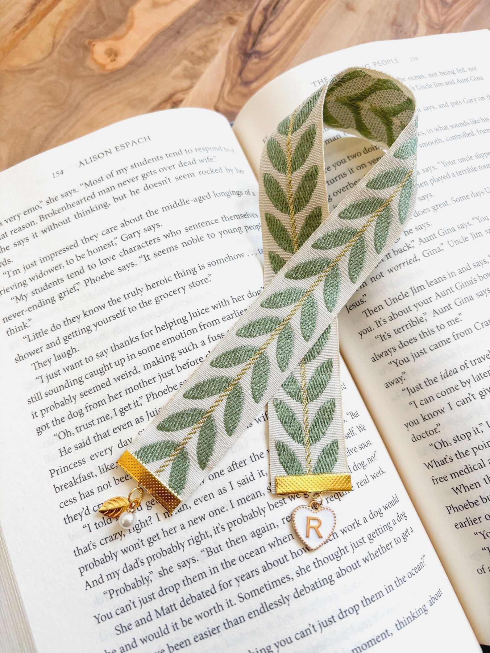 Leaf Pattern Ribbon Personalized Leaf-pattern Ribbon Bookmark With Initial and Pearl Charm ...