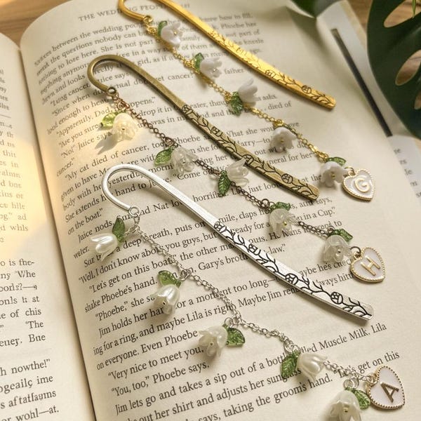 Personalized Lily of the Valley Flower Charms Bookmark Hook with Initial Charm