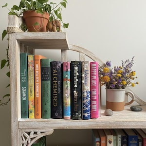 May include: A distressed wooden bookshelf holds a selection of books with vibrant spines. A terracotta plant pot and a small wooden elephant are on top. A mug of flowers and a decorative stone add to the display.