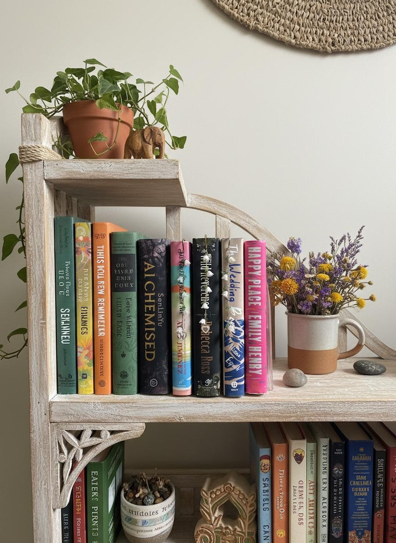 May include: A distressed wooden bookshelf holds a selection of books with vibrant spines. A terracotta plant pot and a small wooden elephant are on top. A mug of flowers and a decorative stone add to the display.