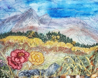 Decorazione murale con pittura a filo. Arte in fibra di Aspen Meadow. Ricamo a macchina originale fatto a mano con paesaggio montano.