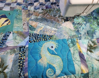 Trapunta per culla con cavalluccio marino ricamato, trapunta da grembo sotto il mare, tessuto batik