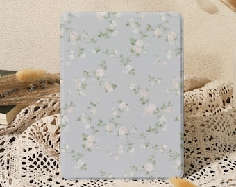 Light Gray Vine White Rose Kindle Paperwhite Case 12th/11th Gen with Hand Strap & Magnetic, Kobo Clara Case, Kindle Colorsoft Cover