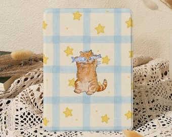 Adorable Cat Star Check Kindle Paperwhite Case 12th/11th with Hand Strap & Magnetic, Kobo Clara Case, Kindle Colorsoft Cover,Book Lover Gift