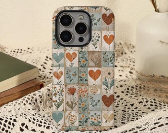 Vintage Patchwork Heart Floral iPhone Case Tough Cover for iPhone 17 16 15 14 13 12 11 Pro/Pro Max, iPhone Air/16e, 13 12 Mini, X XS XR SE