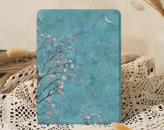 Moonlit Cherry Blossom Kindle Case for Paperwhite 10/11/12th 6'' 6.8'' 7'' Case, Colorsoft 2024, Kobo Clara Case, Magnetic Back with Strap