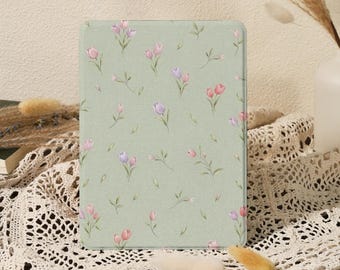 Morandi Green Floral Print Kindle Case for Paperwhite 10/11/12th 6'' 6.8'' 7'' Case, Colorsoft 2024,Kobo Clara Case,Magnetic Back with Strap