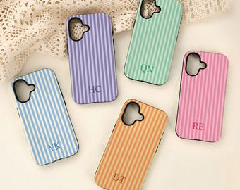 Personalized Stripe iPhone Case Monogram Initials for 17 16 15 14 13 12 11 Pro Max Plus Air, Custom Tough Cover, iPhone Air/16e, X XS XR SE