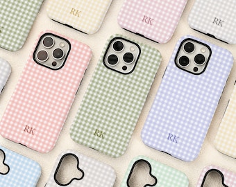 Personalized Monogram iPhone Case Gingham Initials for 17 16 15 14 13 12 11 Pro Max Plus Air, Custom Tough Cover, iPhone Air/16e, X XS XR SE