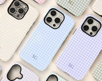 Personalized Gingham Monogram iPhone Case for 17 16 15 14 13 12 11 Pro Max Plus Air, Custom Colorful Tough Cover, iPhone Air/16e, X XS XR SE