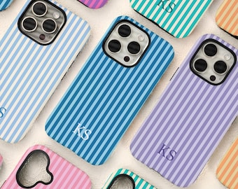 Personalized Monogram iPhone Case Stripes Initials for 17 16 15 14 13 12 11 Pro Max Plus Air, Custom Tough Cover, iPhone Air/16e, X XS XR SE