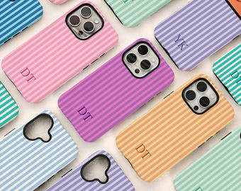 Personalized Stripe Monogram Initials iPhone Case for 17 16 15 14 13 12 11 Pro Max Plus Air, Custom Tough Cover, iPhone Air/16e, X XS XR SE